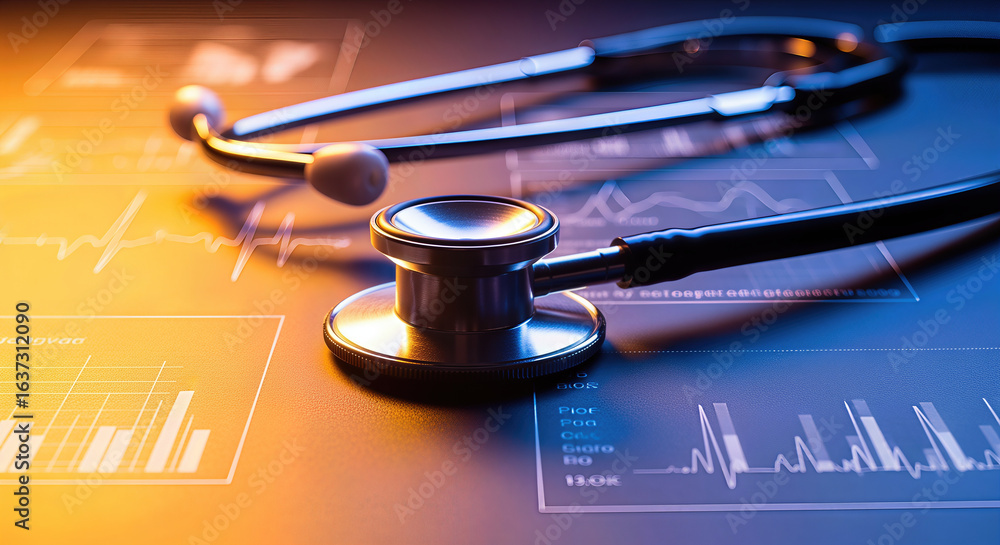 Poster a stethoscope rests on a data-rich surface, featuring graphs and medical metrics, symbolizing health