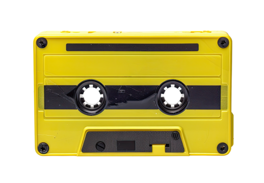 Close-up of a bright yellow audio cassette tape
