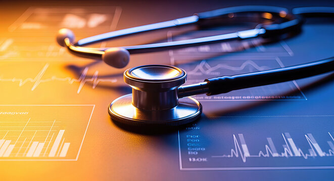 A stethoscope rests on a data-rich surface, featuring graphs and medical metrics, symbolizing healthcare and data analysis.
