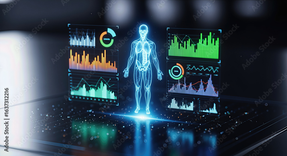 Poster a futuristic holographic display showing a human figure alongside various data graphs and analytics.