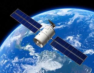 A spacecraft orbits Earth, solar panels extended, against a backdrop of swirling clouds and deep space