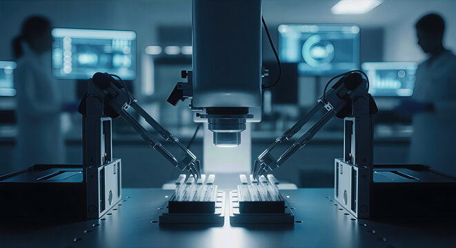 A high-tech laboratory featuring a microscope and robotic arms, with scientists in the background working on advanced research.
