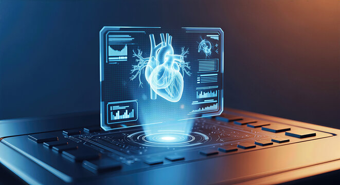 A futuristic holographic heart model displayed on a digital interface, symbolizing advanced technology in medical science. - Powered by Adobe