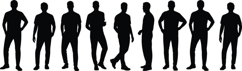 Silhouette of standing men in various poses, casual male figures collection, black vector shapes isolated, diverse body postures set