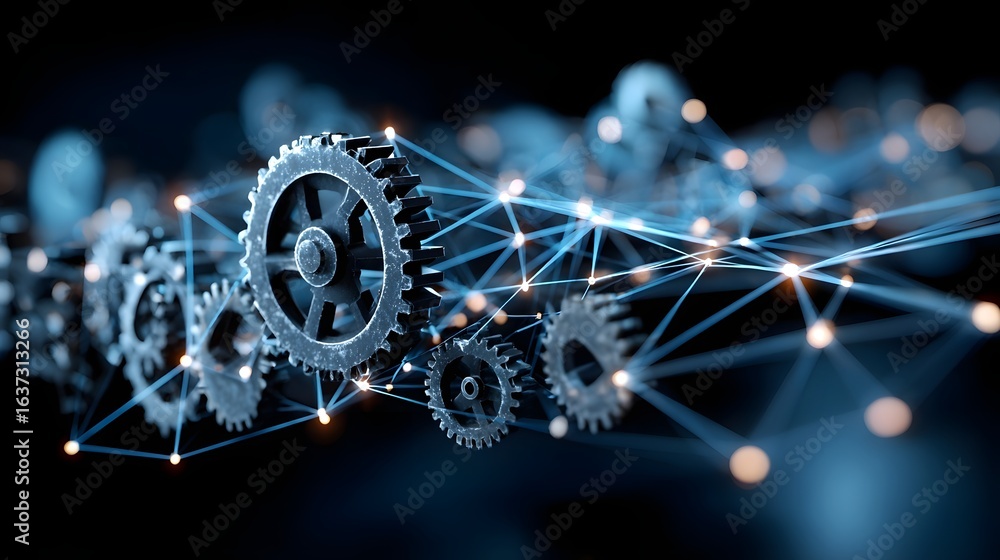 Poster interconnected gears and a network of connections.