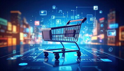 Digital shopping cart amidst a cityscape of glowing stores
