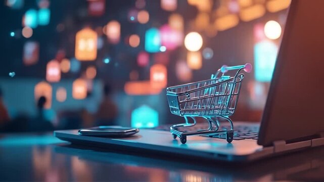 Shopping Cart on Laptop Keyboard for Online Purchase Concept - Powered by Adobe