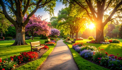 Sunny park path with colorful flowers and trees