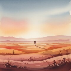 Person Walking in Desert Landscape Watercolor Painting