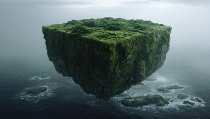 Floating mossy cube island in a misty sea