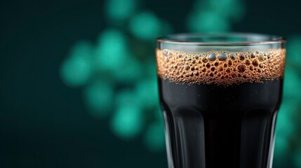 Close up of a dark beverage with a frothy head in a clear glass drink refreshment
