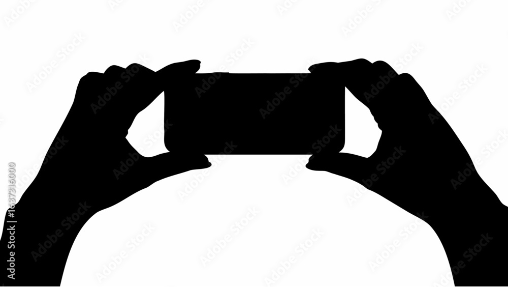 Poster Silhouette of two hands holding a rectangular object against a white background in a horizontal view | editable eps vectors