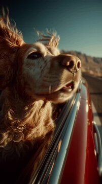 a golden retriever riding in the passenger seat of a red convertible, fur flowing in the wind on a scenic countryside road.