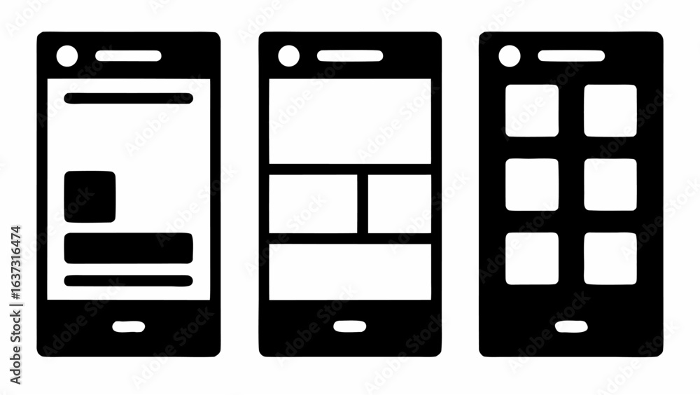 Poster illustration of three mobile phones displaying different user interface layouts in a minimalist desi