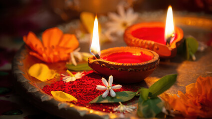 Traditional indian oil lamps and flowers for religious celebration