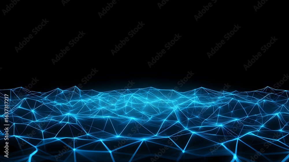 Poster an abstract image features a network of glowing blue lines and nodes against a stark black backgroun