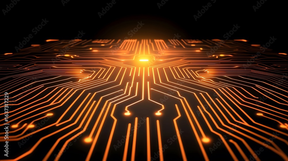 Aufkleber an abstract, glowing computer circuit board radiates power, with bright orange lines and connection 