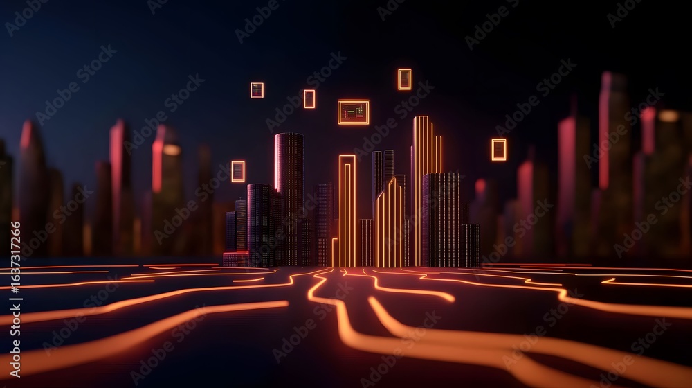 Poster a futuristic cityscape is depicted with illuminated orange lines tracing circuit-like pathways leadi