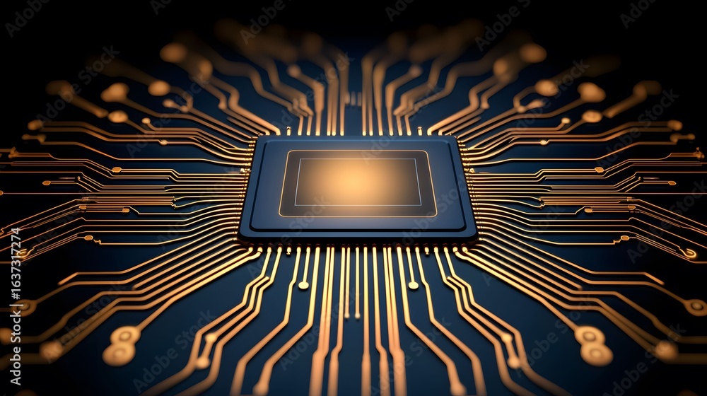 Poster the image shows a central processing unit (cpu) with gold-colored circuitry radiating outwards on a 