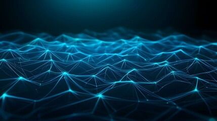 The image shows a glowing network of connected turquoise lines and dots, suggesting a futuristic technology concept or virtual landscape, set against a dark background.