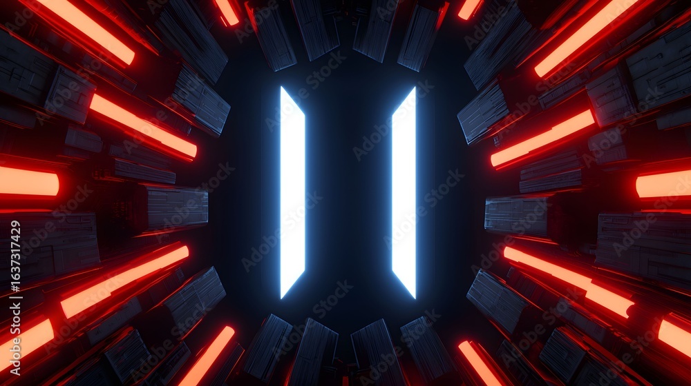 Poster the image shows a futuristic tunnel with red lights framing the sides and two bright white lights in