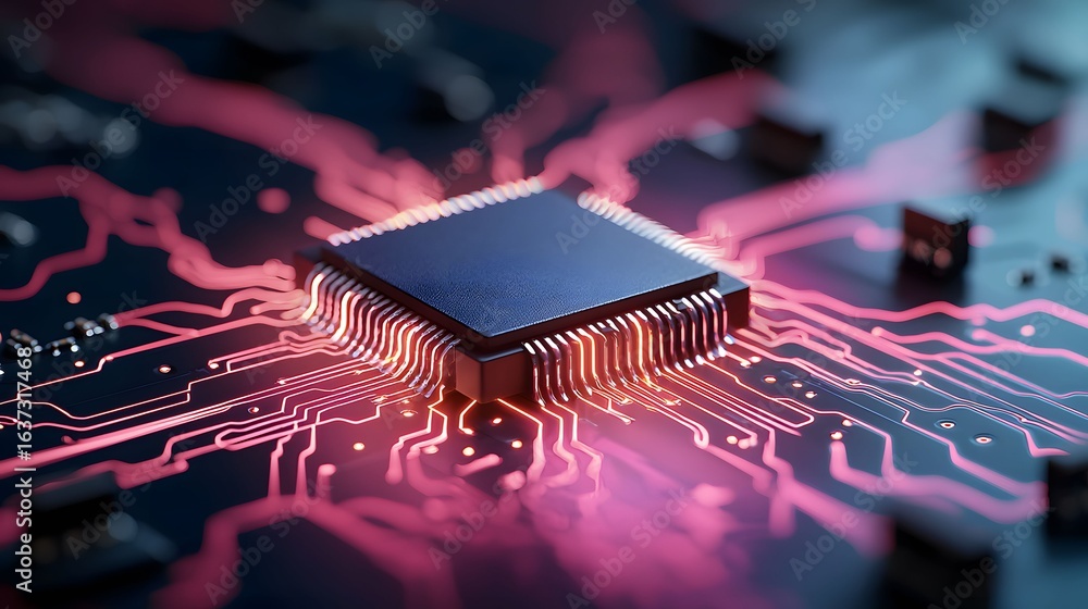 Poster this image presents a cpu microchip with glowing red electrical traces connecting to a central squar