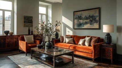 Bold orange tones in living room set up with sculptural decoration, coffee table and dark wood sideboard.