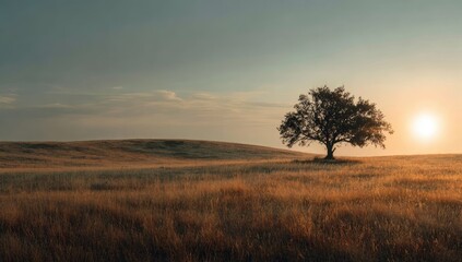 Fototapeta premium Lonely tree on golden field at sunrise