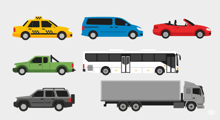 Naklejka premium Flat cars set. Taxi and minivan, cabriolet and pickup. Bus and suv, truck. Urban, city cars and vehicles transport vector flat icons. Cabriolet and truck, car and bus, automobile pickup illustration 
