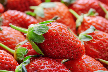 Closeup view of fresh ripe strawberry. Harvest of red berries