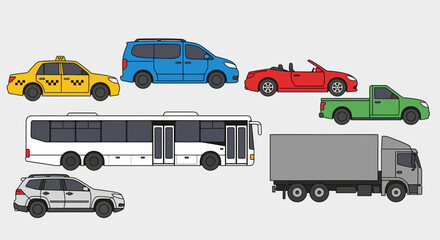 Flat cars set. Taxi and minivan, cabriolet and pickup. Bus and suv, truck. Urban, city cars and vehicles transport vector flat icons. Cabriolet and truck, car and bus, automobile pickup illustration 
