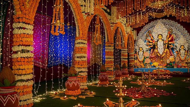 Ornate idol of Hindu Goddess Durga in a pandal during a festival. The scene is lavishly decorated with marigold flower garlands, fairy lights, and traditional oil lamps.