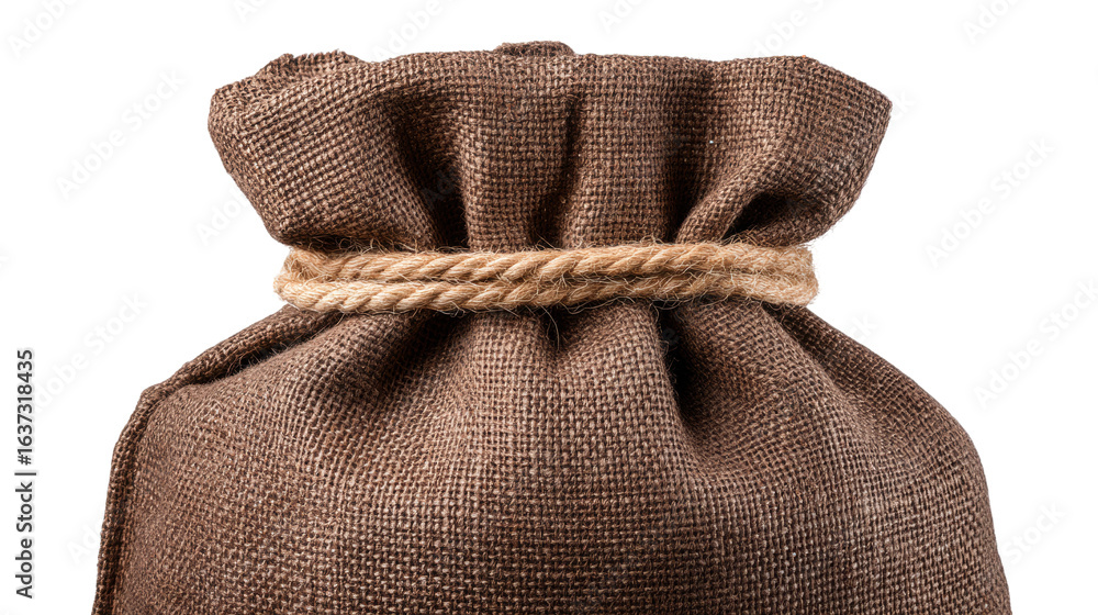 Poster brown burlap sack isolated on transparent background with rope tied around top in rustic style