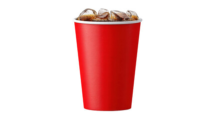 Cold drink with ice cubes isolated on transparent background in red paper cup