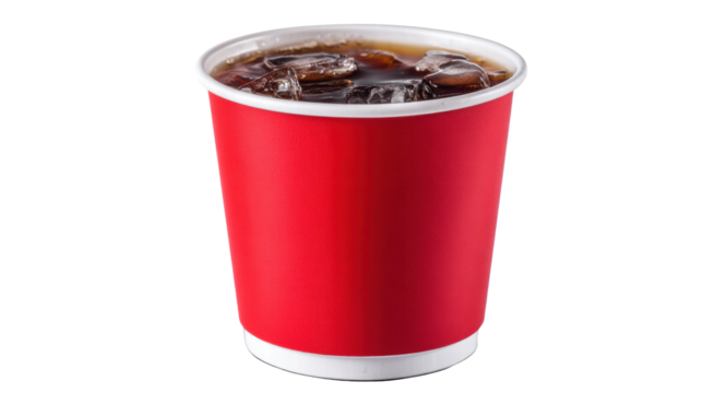 Cold drink isolated on transparent background with ice cubes in red cup