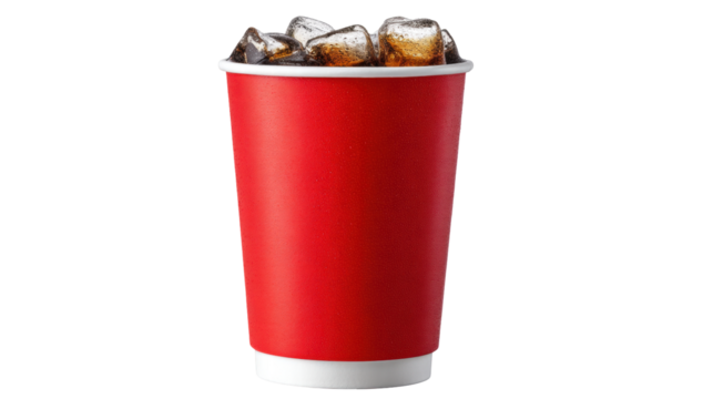 Cold drink isolated on transparent background with ice cubes in red paper cup