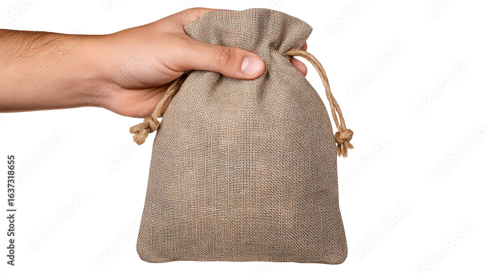 Poster Hand holding isolated burlap sack on transparent background with natural texture and drawstring