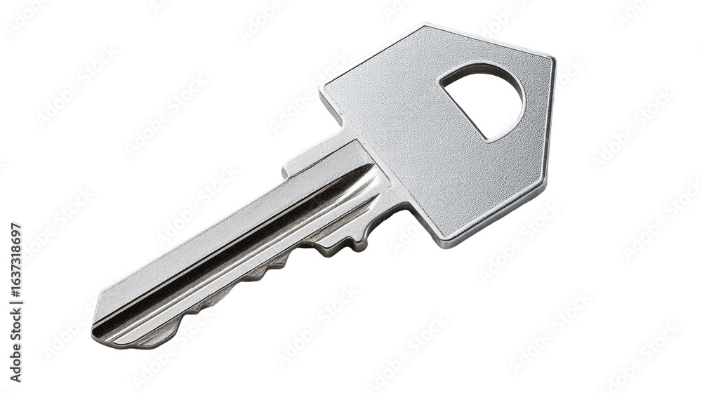 Poster isolated silver key on transparent background with sharp edges and metallic texture