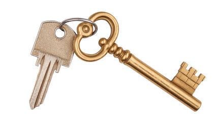 Golden vintage key and modern key isolated on transparent background with metal ring