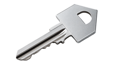 Isolated silver key on transparent background with sharp edges and metallic texture