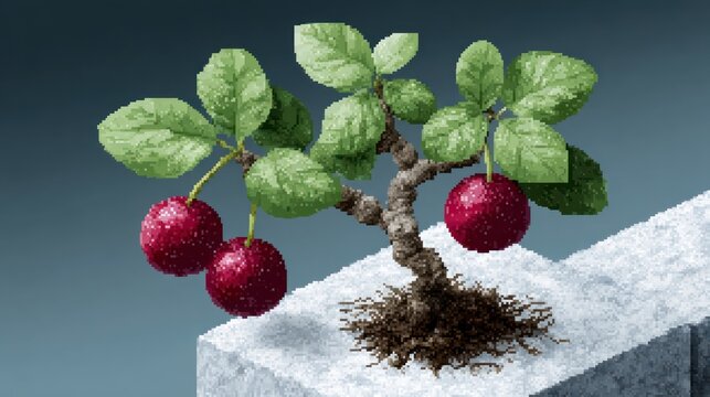 Pixel art cherry tree with ripe red fruits on a snowy surface against a gradient background