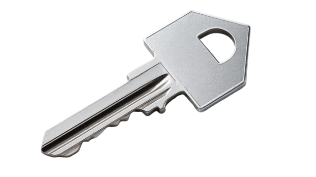 Isolated silver key on transparent background with sharp edges and metallic texture
