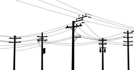 Silhouette of multiple utility poles with power lines and transformers, depicting electrical power distribution and communication infrastructure in an outdoor setting