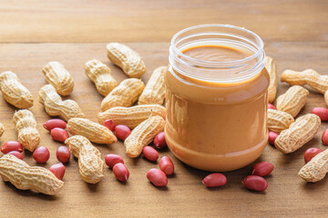 Closeup view of a jar of tasty peanut butter