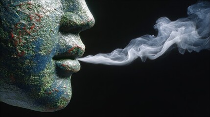 Textured face profile exhales swirling white smoke against a dark background