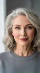 Fototapeta premium Portrait of mature woman with silver hair and blue eyes radiates warmth