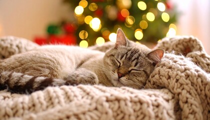 Cozy Indoor Sleeping Tabby Cat with Christmas Tree Background Image