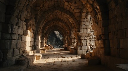 Ancient stone-walled passageway with arched ceilings.