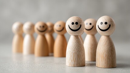 Wooden Figures Displaying Smiles, Standing Together, on a Neutral Background