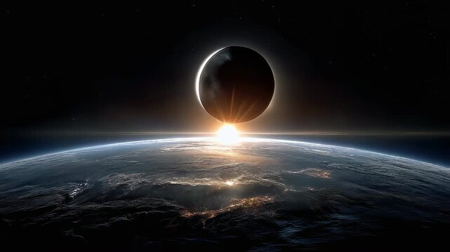 Panoramic lunar eclipse in outer space with the moon, planet earth, and bright glowing sun against a cosmic star-filled background, celestial astronomy scene of eclipse phenomenon